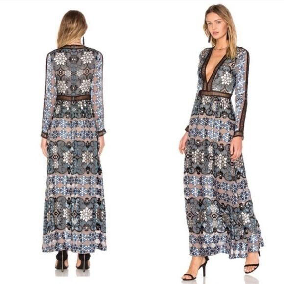NWT‎ For Love & Lemons Juliet Floral  Lattice Trim A-line Semi Sheer Maxi Dress - Picture 3 of 15